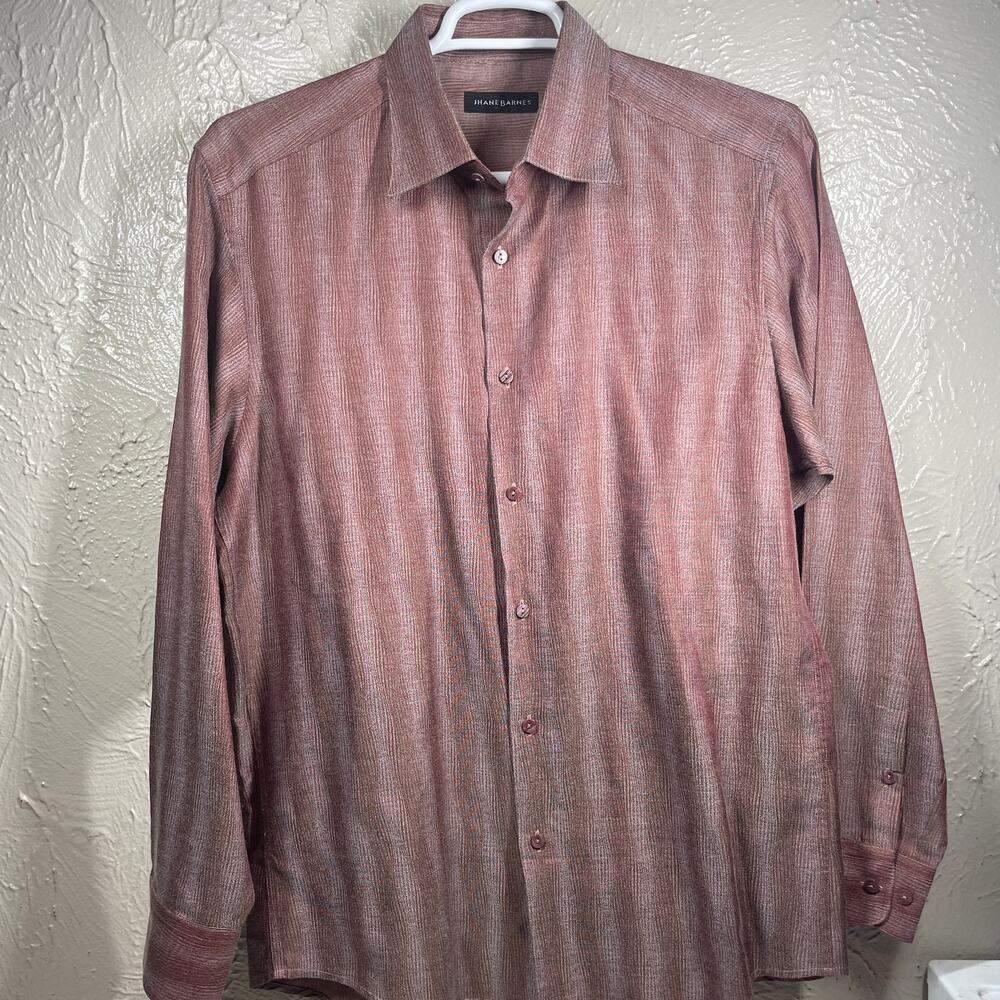 Jhane Barnes Maroon Long Sleeve Silk Cotton Blend Striped‎ Shirt Mens Size Large